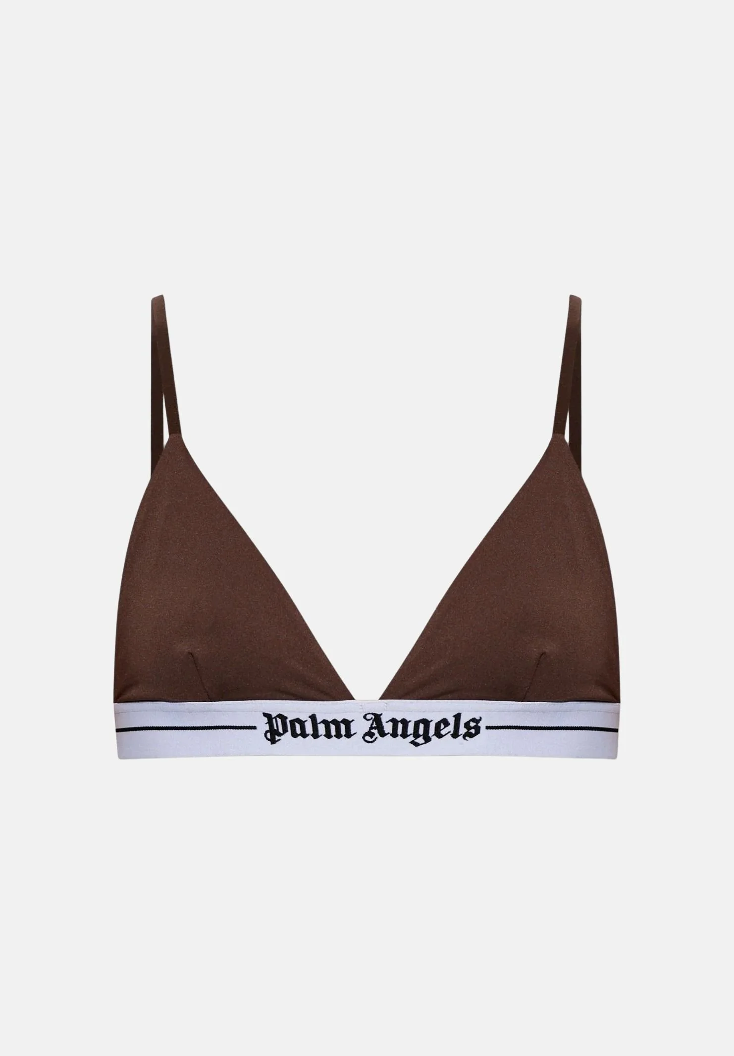 Image of PALM ANGELS Bralette choccolate-marrrone da donna con coppe triangolari e fascia elastica logata.