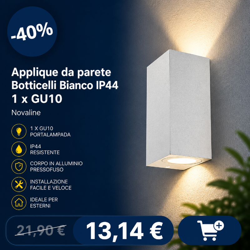 White rectangular Botticelli Bianco IP44 outdoor wall light casting up and down beams on textured exterior wall, 40% discount badge and price