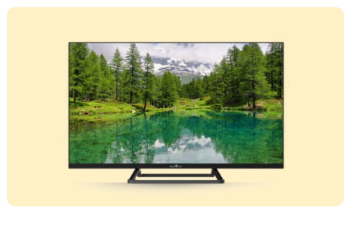 Flat-screen television showing an alpine lake with evergreen trees and snow-capped mountains reflected in clear turquoise water