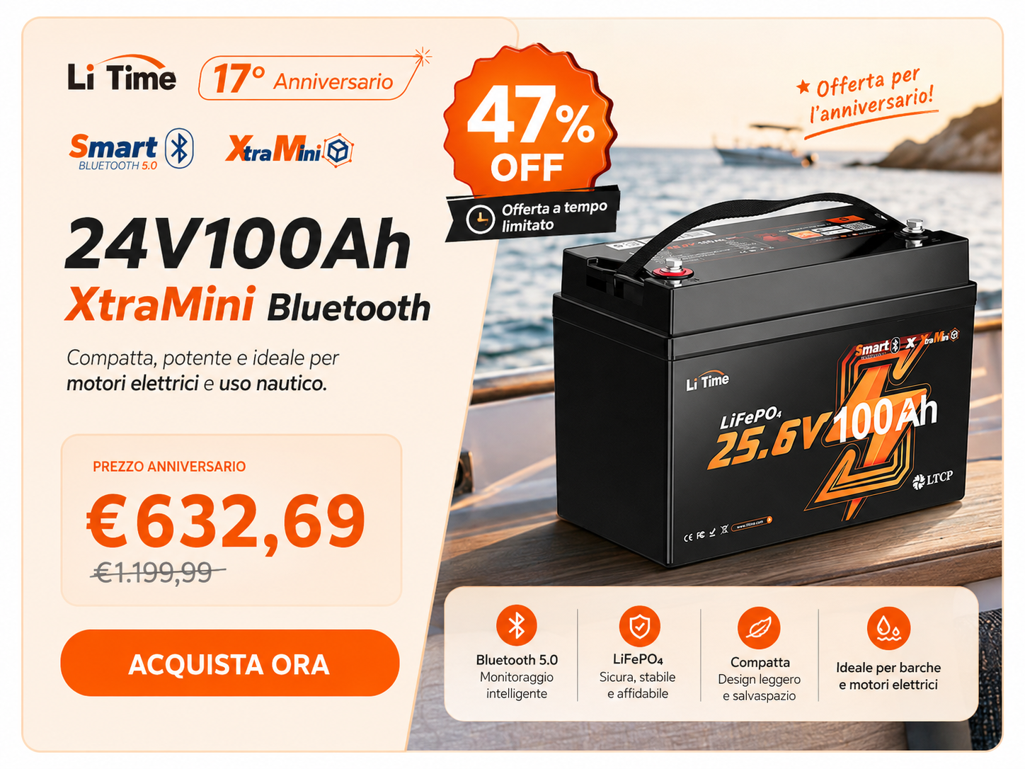 LiTime 24V 100Ah XtraMini Bluetooth – 47% di sconto, €632,69