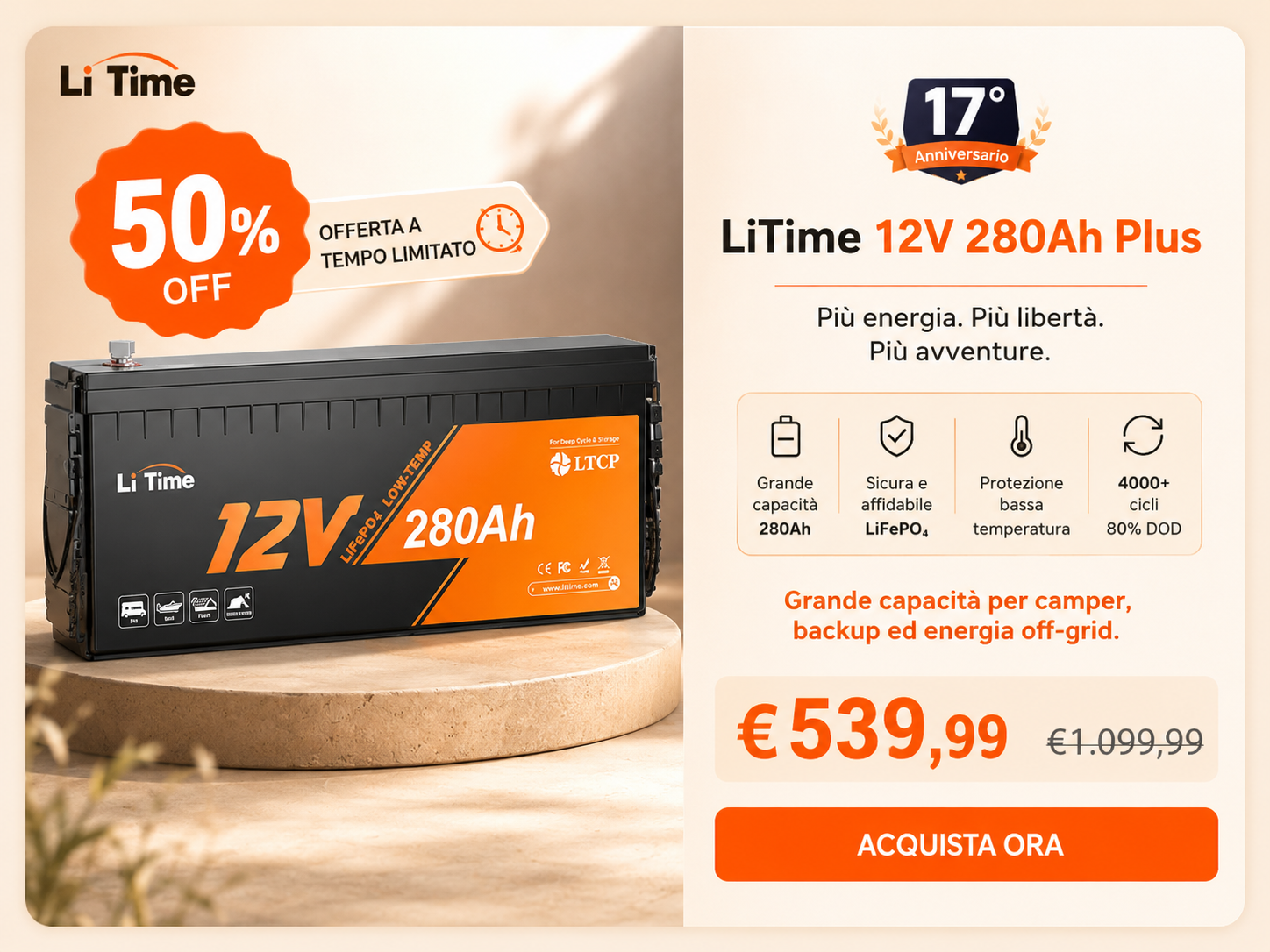 LiTime 12V 280Ah Plus – 50% di sconto, €539,99