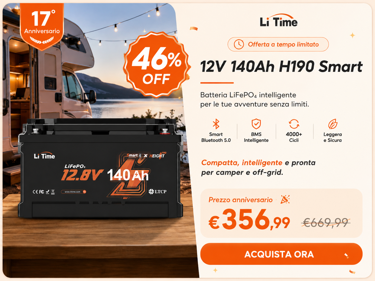 LiTime 12V 140Ah H190 Smart – 46% di sconto, €356,99