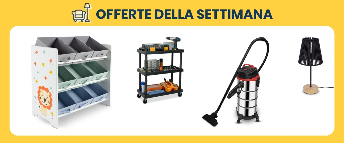 Weekly offers banner displaying children's lion storage shelf, a black utility trolley, stainless wet‑dry vacuum cleaner and a black table lamp