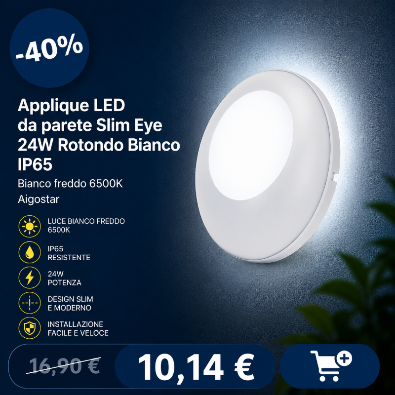 Slim Eye round 24W IP65 LED wall light, 6500K cold white, white finish, 40% off, discounted price €10.14