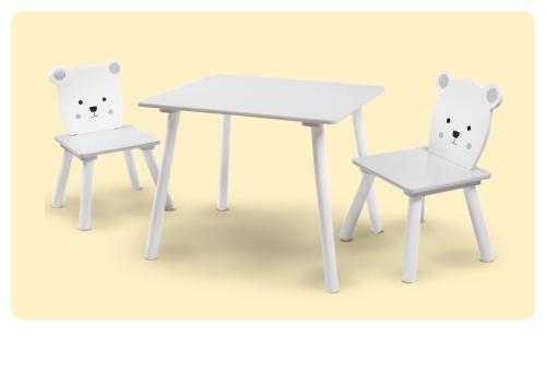 White children's table with two white bear-back chairs on pale yellow background