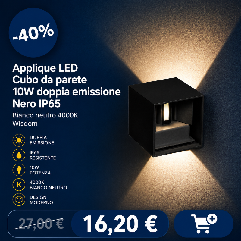 Black cube LED wall light, double emission 10W IP65 4000K, modern outdoor design, 40% off