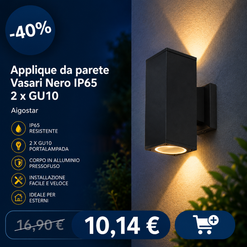 Black Vasari Nero IP65 outdoor wall light (2 x GU10) casting warm up-and-down light on a wall, product image with -40% sale badge
