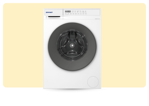 Front-loading white washing machine with large circular dark door, visible stainless drum and digital control panel