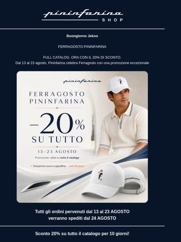 Ferragosto Pininfarina: -20% su tutto. E il nuovo Cappellino Baseball CAP