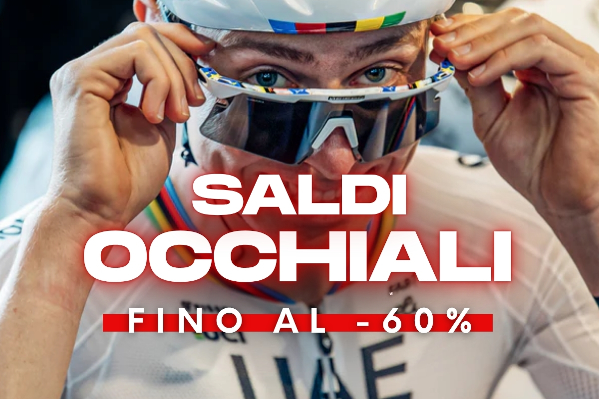 Close-up of a cyclist adjusting wraparound sports sunglasses with promotional overlay advertising a sale on eyewear up to 60% off