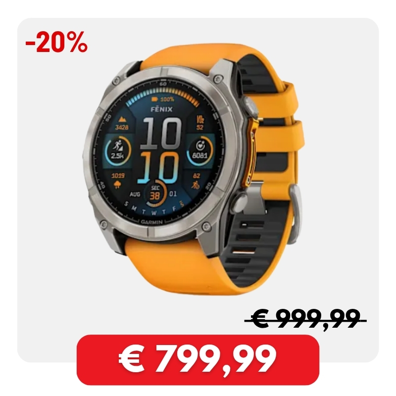 Garmin Fēnix multisport smartwatch with orange strap showing watch face, -20% sale tag and reduced price €799,99 (was €999,99)