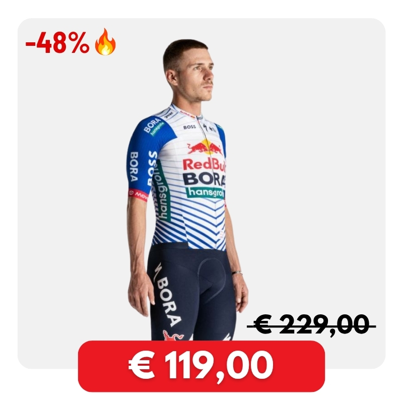 Red Bull BORA‑hansgrohe cycling kit (jersey and bib shorts) on model against white background, sale price €119, 48% off