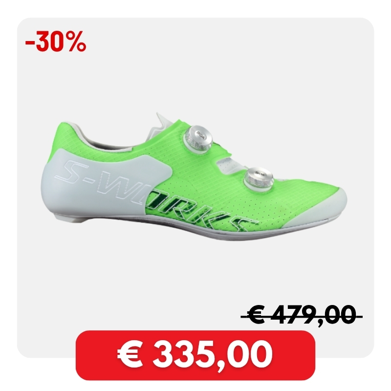 Neon green and white S-Works road cycling shoe with two BOA dial closures on light background, shown with €335.00 sale badge and -30%