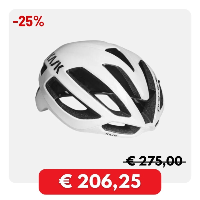 White aerodynamic KASK cycling helmet with multiple vents, shown with a red "-25%" discount badge and reduced price €206,25
