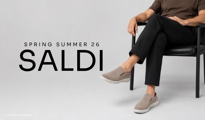 Cropped seated person wearing gray suede slip-on shoes, black pants and brown top on a light background beside large 'SALDI Spring Summer 26' sale text