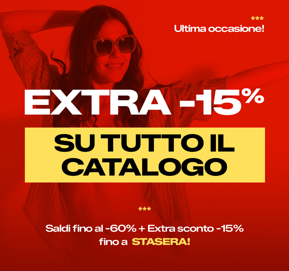 Promotional poster with smiling woman in sunglasses and bold text 'Extra -15% on entire catalogue' on red background, limited-time sale