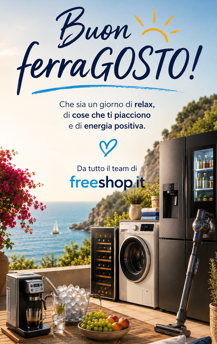 Seaside terrace with 'Buon ferragosto' greeting, modern kitchen appliances and cordless vacuum, bowl of fruit, wine fridge and sailboat on the sea
