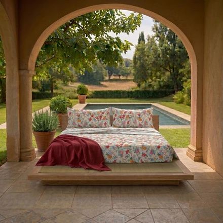 Completo Letto Matrimoniale in Cotone con Stampa - Fantasia Secret Garden Debby Beige