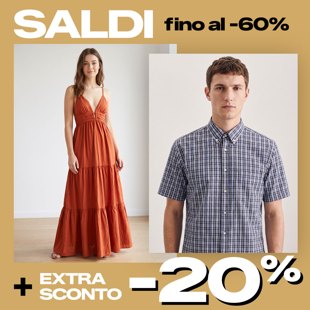 Sale banner: woman in rust maxi dress and man in blue checked shirt, with 'Saldi fino al -60%' and 'Extra sconto -20%'
