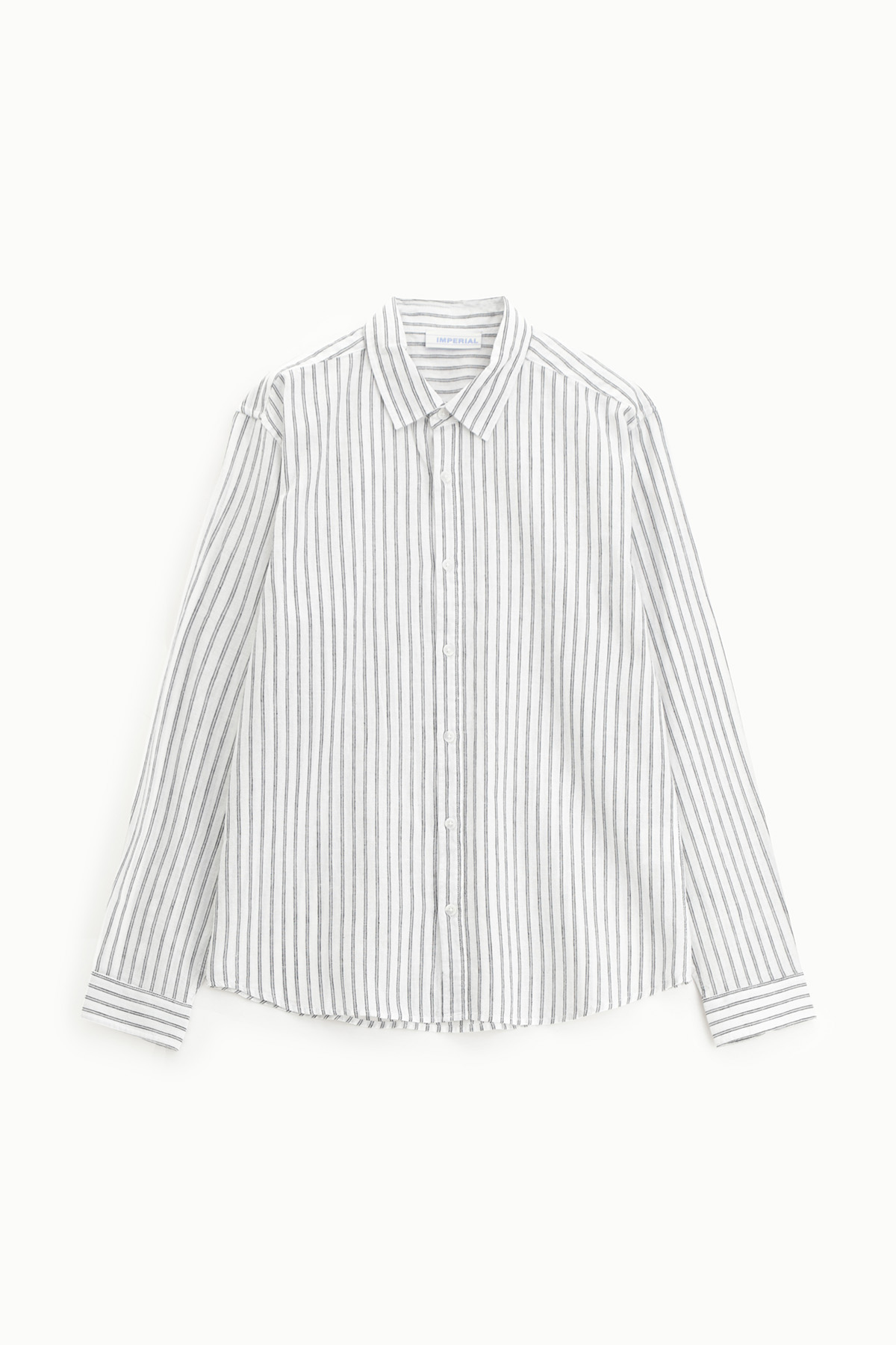 White long-sleeve button-up shirt with thin black vertical stripes and classic collar, laid flat on white background