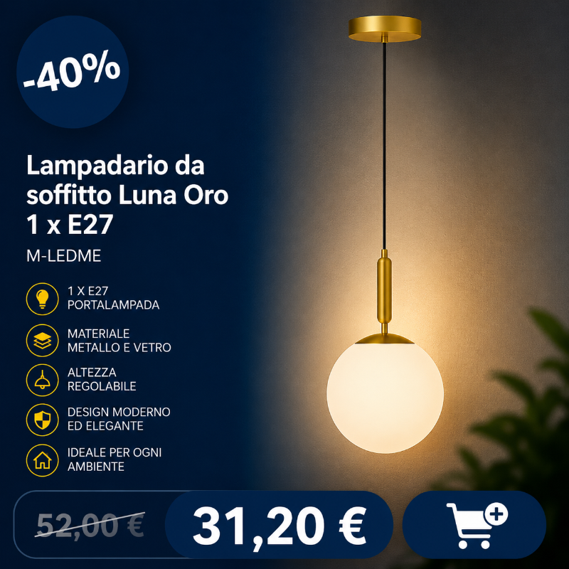 Gold Luna ceiling pendant lamp with frosted glass globe, 1×E27 bulb holder, adjustable height metal design, 40% off €31,20