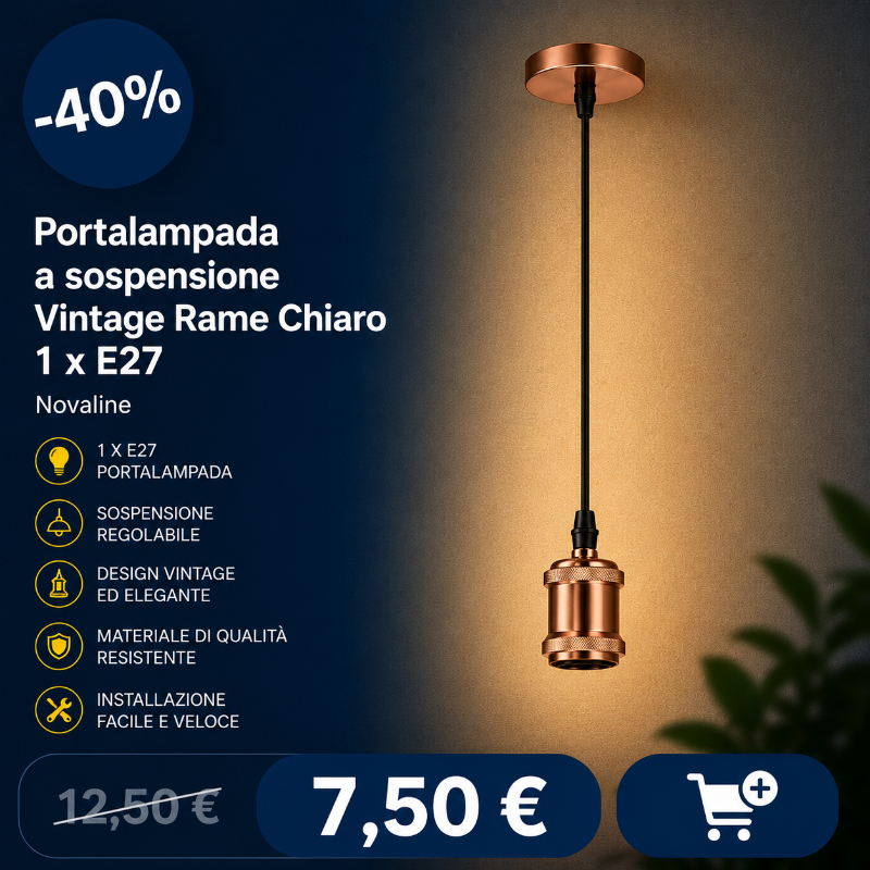 Copper vintage E27 pendant lamp holder on black cord against warm textured wall, product details and €7.50 price with 40% off badge