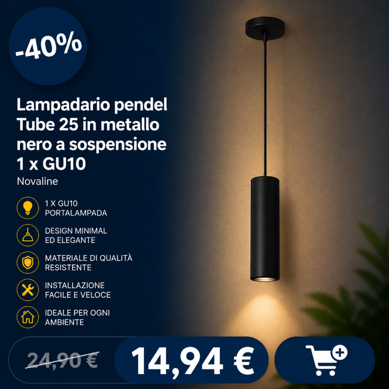 Black Tube 25 metal pendant light with GU10 fitting, minimal cylindrical design, 40% off, price €14,94