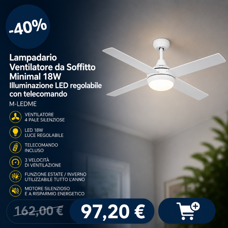 White 4‑blade ceiling fan with dimmable 18W LED light and remote control, minimalist design in living room, -40% sale