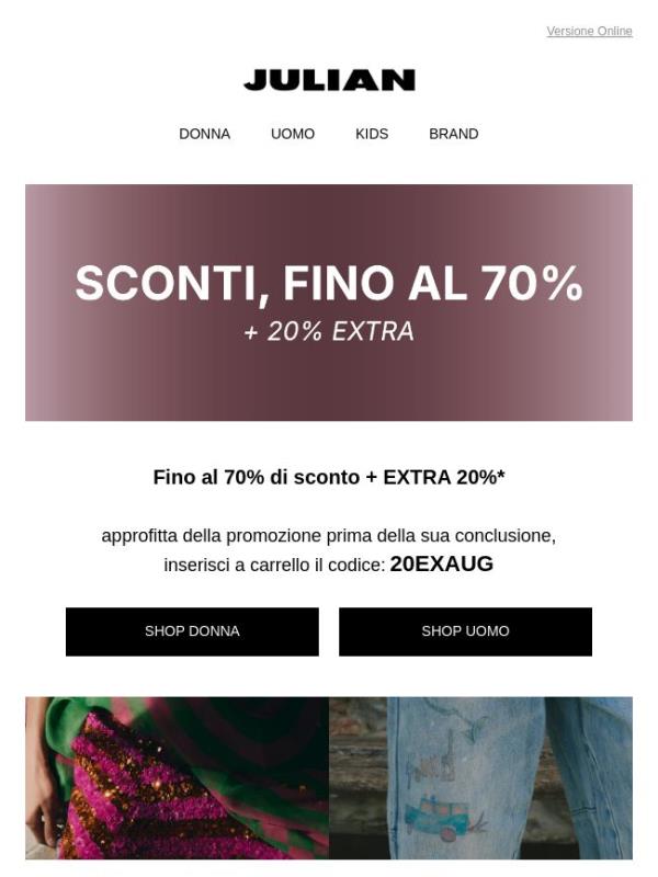 SALDI | Fino al 70% di sconto + Extra 20% OFF