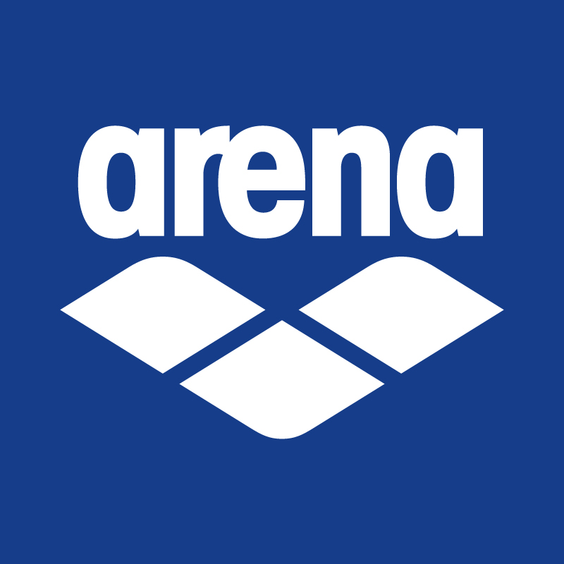 Arena logo: white lowercase 'arena' wordmark above three diamond-shaped swim tiles on a solid blue background
