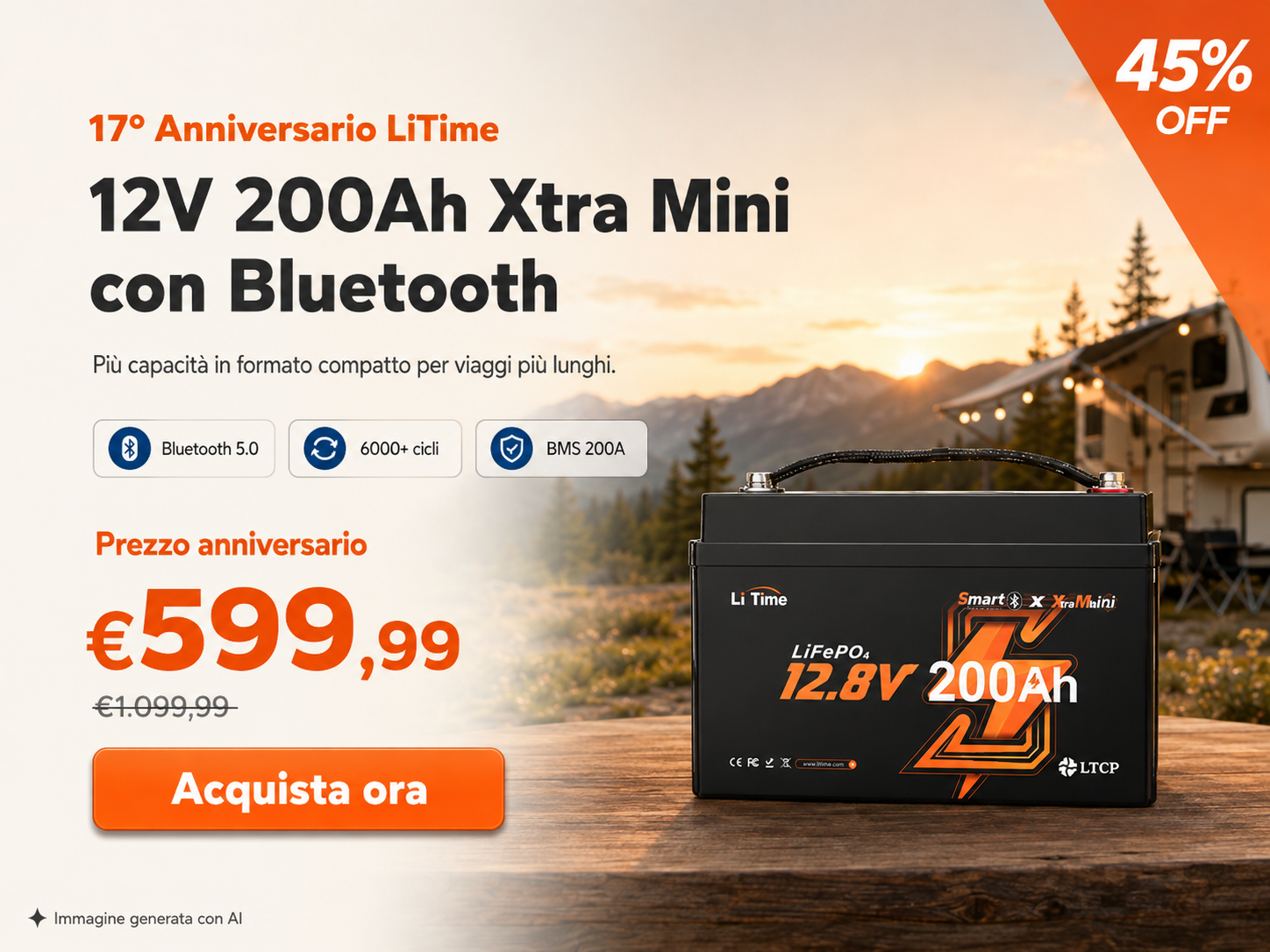 LiTime 12V 200Ah Xtra Mini con Bluetooth – 45% di sconto, prezzo anniversario €599,99
