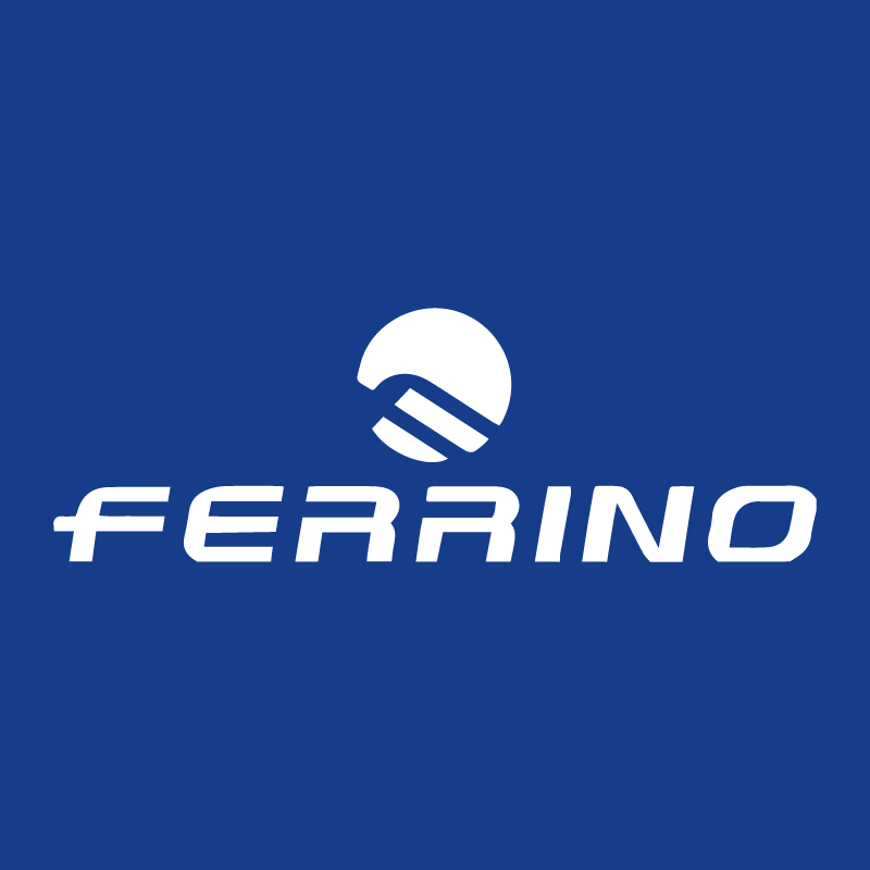 Ferrino company logo: white stylised emblem above bold 'FERRINO' text on a deep blue background