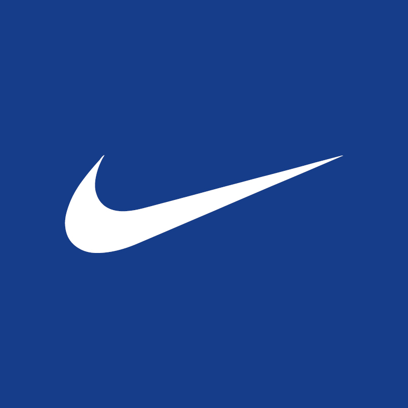 White Nike Swoosh logo centred on a solid royal blue background, minimalist sports brand symbol