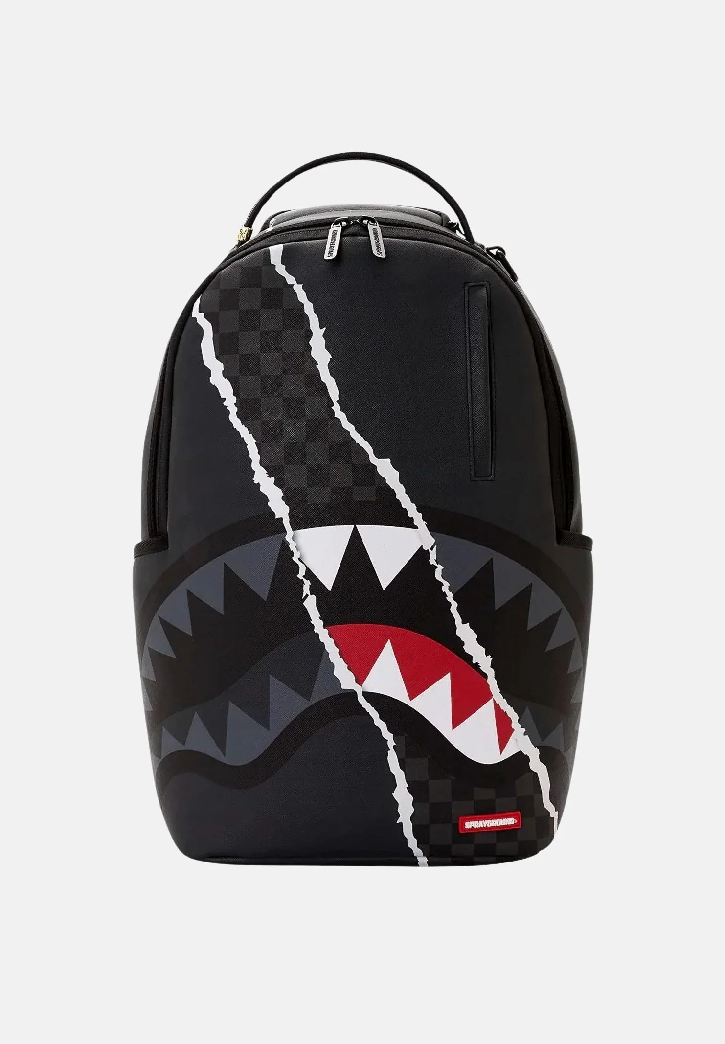Image of SPRAYGROUND Zaino CENTER RIP REVEALING gray-check nero per uomo, donna e bambino con iconico motivo Shark Mouth