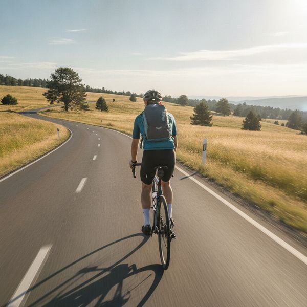 Road cyclist wearing a helmet and rucksack cycling on a winding country road through golden fields and scattered trees under a clear sky