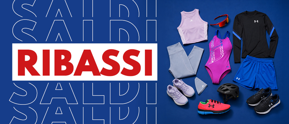 Flatlay of assorted sportswear and footwear on blue background beside bold 'RIBASSI' sale graphic