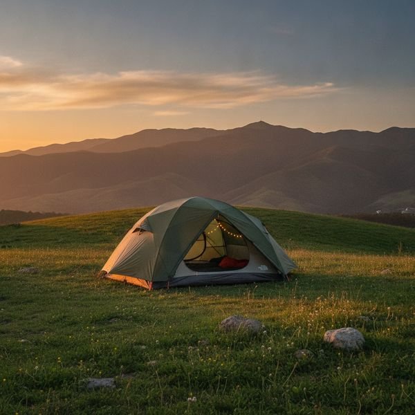Green tent with fairy lights pitched on a grassy hill at sunset, overlooking layered mountains — peaceful camping