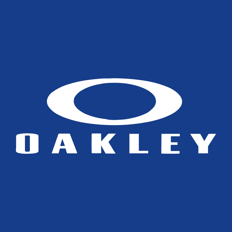 Oakley logo — white stylised oval "O" symbol above bold OAKLEY text on deep blue background