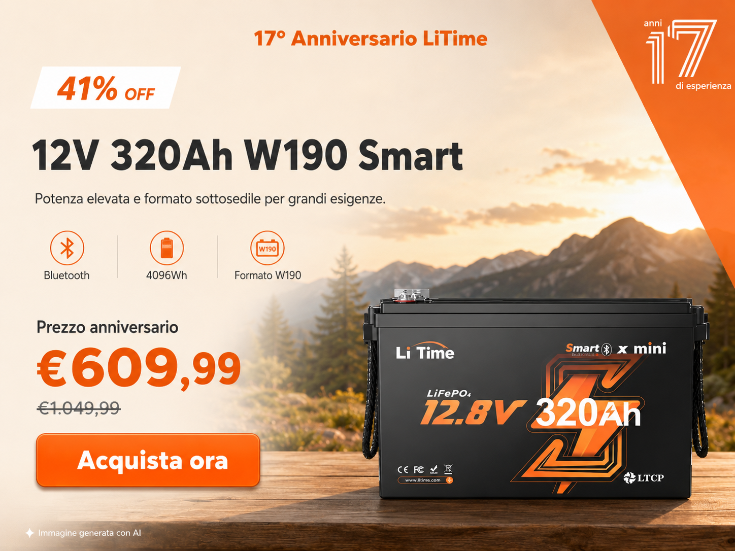 LiTime 12V 320Ah W190 Smart – 41% di sconto, prezzo anniversario €609,99