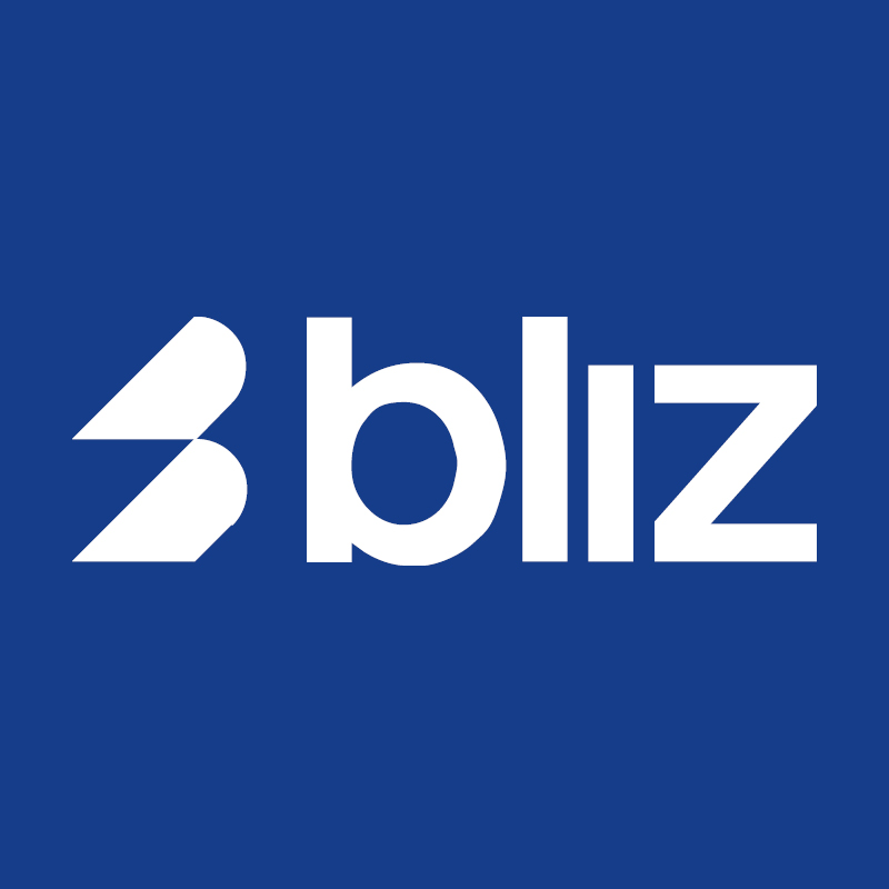White 'bliz' wordmark with stylised 'B' icon on solid blue background — company logo