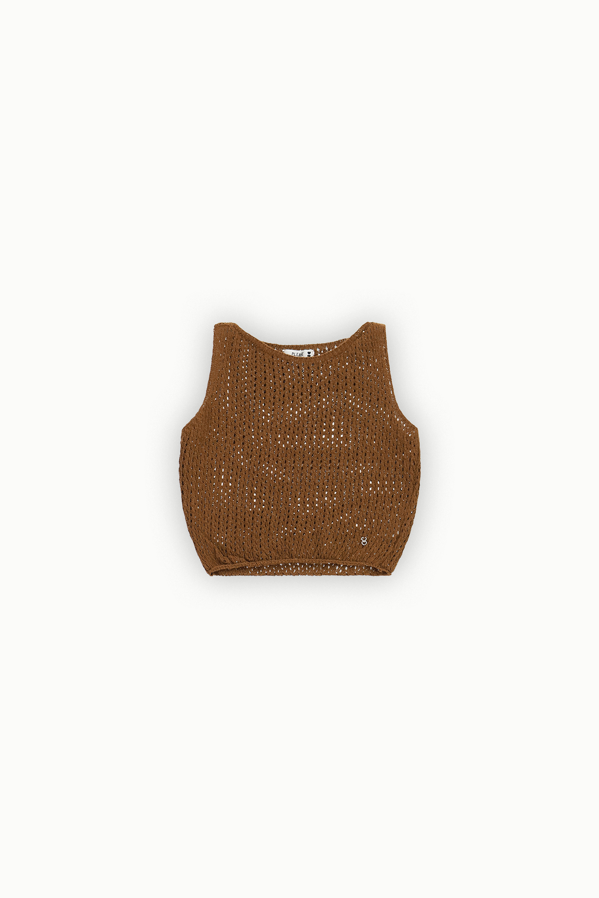 Brown knitted sleeveless crop top with open weave and round neckline, flat-lay on white background
