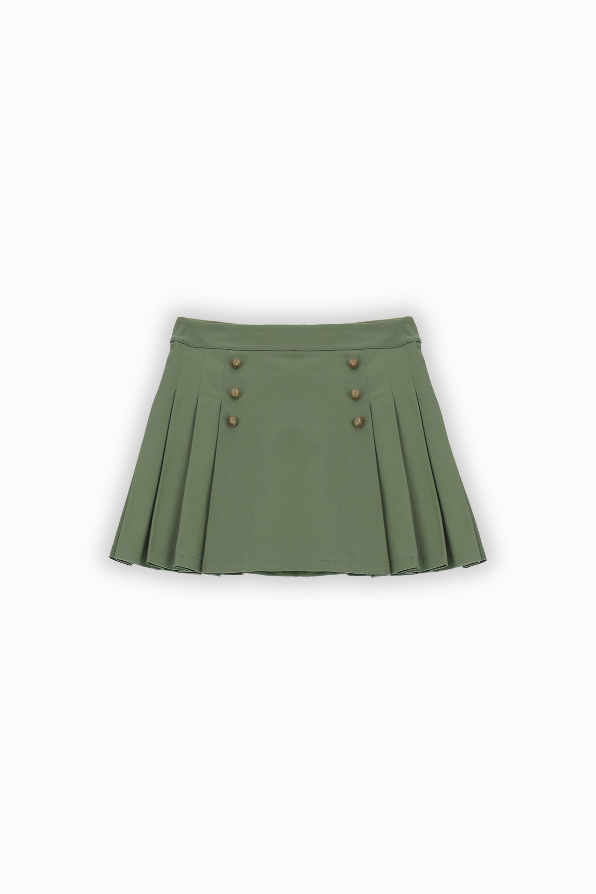 Olive-green pleated mini skirt with high waist and six decorative brass buttons, flat-lay on white background