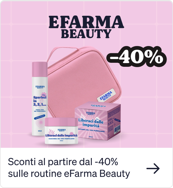 eFarma Beauty pink travel cosmetic bag and three skincare products displayed with a bold -40% discount badge on a pink tiled background
