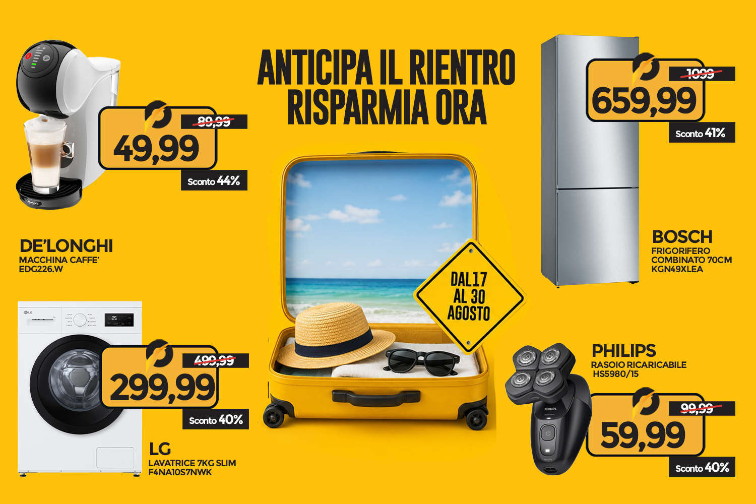 Yellow sale banner with De'Longhi coffee maker, LG washer, Bosch fridge, Philips shaver, discounted prices and suitcase beach