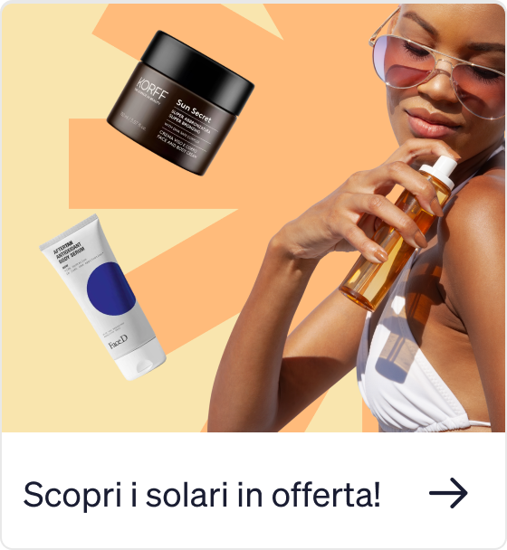 Woman in sunglasses applying tanning oil with sunscreen and after-sun products displayed, summer sun-care promotion