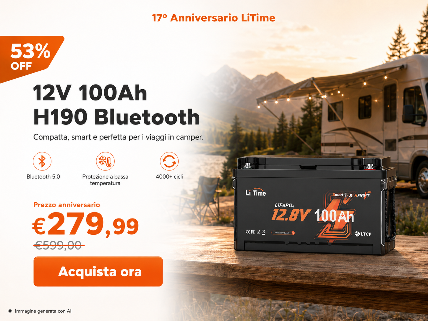 LiTime 12V 100Ah H190 Bluetooth – 53% di sconto, prezzo anniversario €279,99