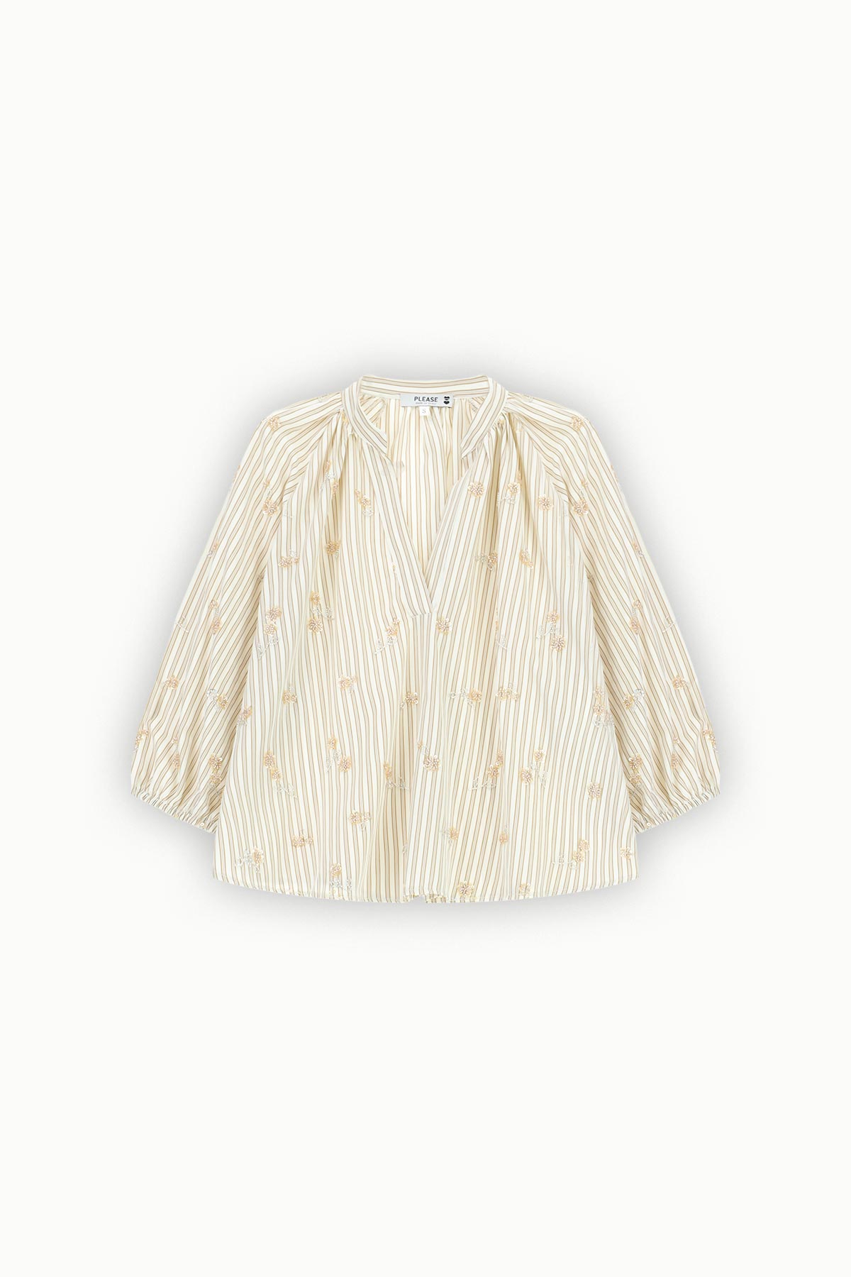 Cream striped V-neck women's blouse with subtle gold floral print, gathered shoulders and three-quarter puff sleeves