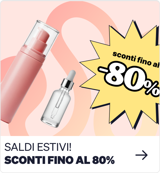 Pink cosmetic pump bottle and clear glass dropper on peach background with yellow starburst reading 'up to 80% off' summer sale