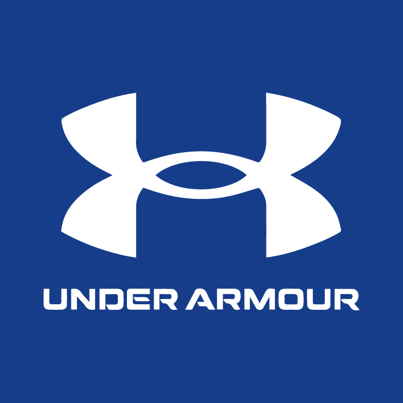Under Armour white logo and text centred on a solid blue background, brand emblem for sportswear and apparel