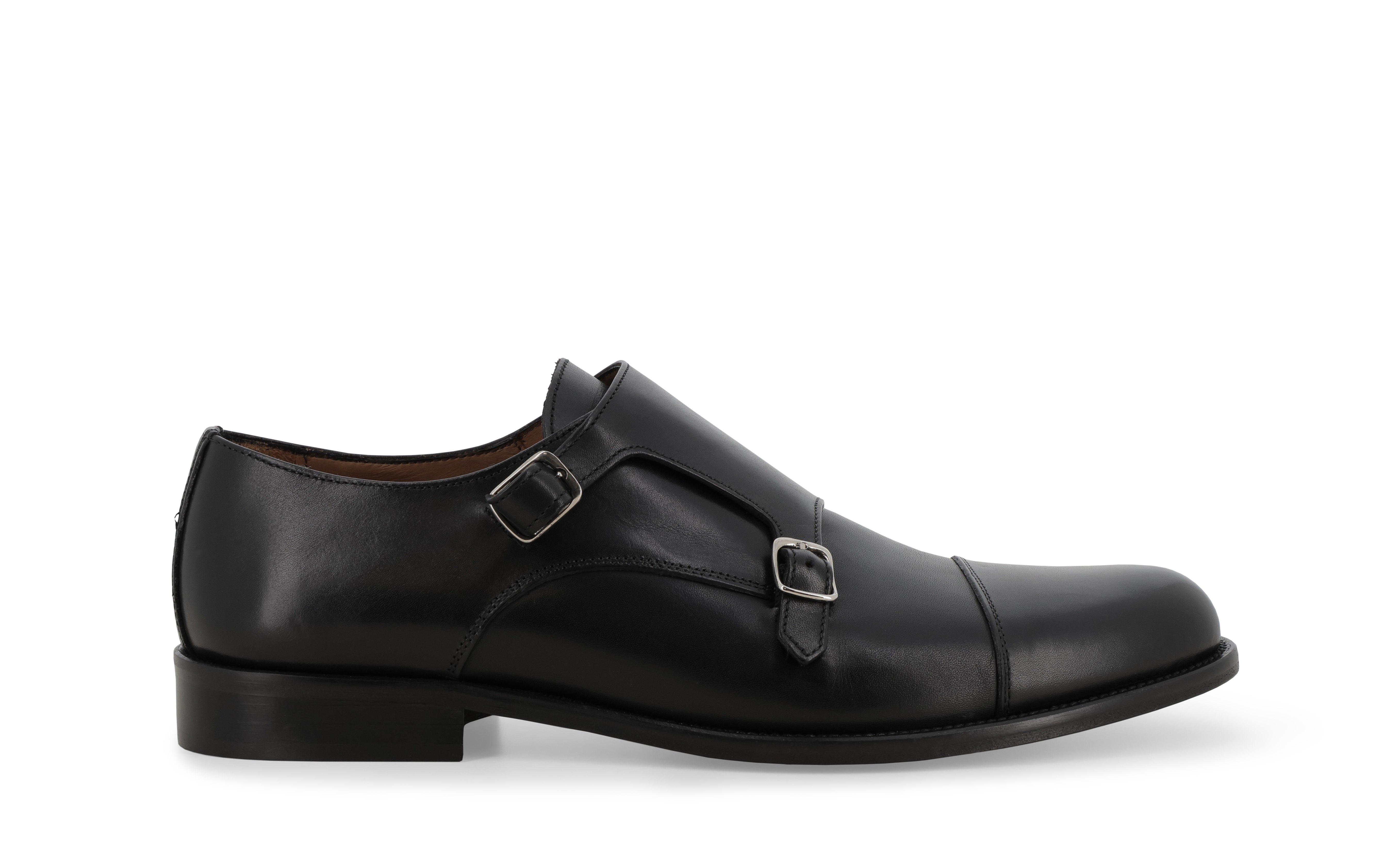 Scarpa doppia fibbia double monk strap in pelle nera cap toe